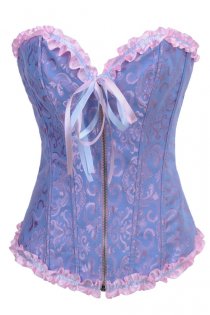 Ciel Blue Victorian Corset of Violet Floral Brocade With Combination Ribbon Trim, Sweetheart Neckline, Front Zipper