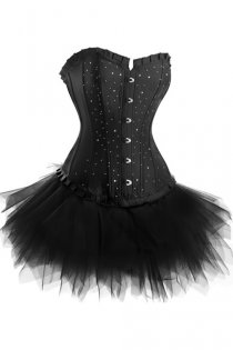 Strapless Corset Dress in Black With Diamante Studding and Tutu Net Mini Skirt