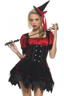 Cute Witch Costume with Ruffled Skirt, Puffy Shirt, Corset, Hat, & Sexy Broom