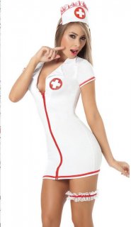 Naughty Nurse Costume Dress with Short Sleeves and Convenient Zipper Front