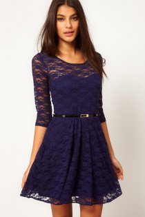 Slim Deep Blue Mini Dress with 3/4 Sleeves and Belt