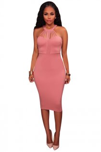 Pink sheath round collar sleeveless knee length dress