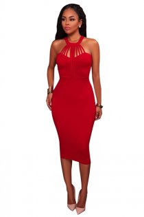 Red sheath round collar sleeveless knee length dress