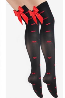 Black Opaque Thigh-High Stockings With Red Kiss Pattern and Silicon Lacy Welts
