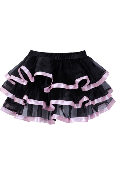 Exquisitely Black Layered Ruffles Light Gauzy Mini Skirt With Glossy Solid Light Pink Lining