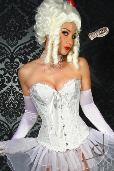 White Victorian Steel Boned Corset Top with Brocade Pattern, Ruched Trim, Front Busk