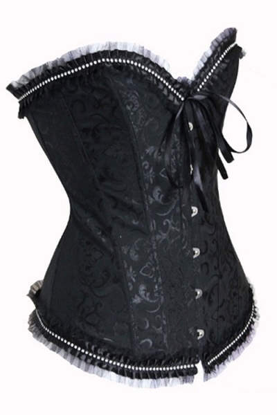 Black Victorian Brocade Corset With Diamanted Ruched Lace and Ribbon Trim, Front Busk