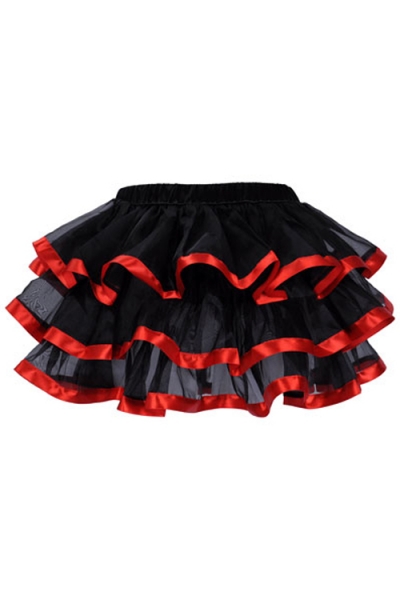 Exquisitely Black Layered Ruffles Light Gauzy Mini Skirt With Glossy Solid Red Lining
