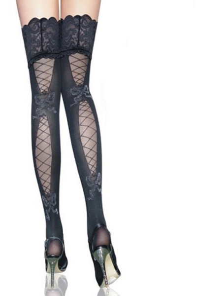 Midnight Black Semi-Sheer Thigh-High Stockings With Lace and Fishnet Back Detail and Seamed Lacy Ruffled Welts
