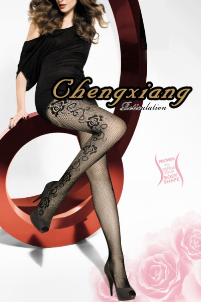 Black Full-Length Fishnet Style Stockings With Large Black Rose and Vine Print on the Outside of the Leg