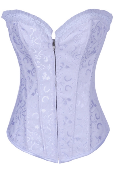 White 12 Steel Boned Victorian Corset With Floral Brocade Pattern and Bust Ruched Trim, Steel Boned, Front Zipper