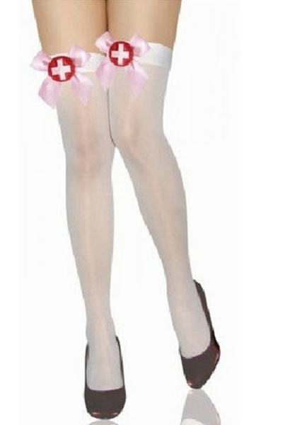 Sexy Nurse Semi-Sheer White Thigh-High Stockings With Pink Welt Bows Featuring White-on-Red Crosses