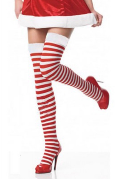 Christmas Holiday Thigh-High Stockings With Red and White Horizontal Stripes
