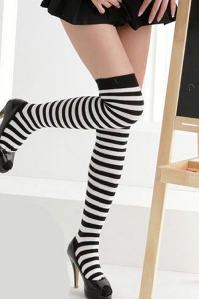 Witchy Black-and-White Striped Thigh-High Stockings With Narrow Black Welts