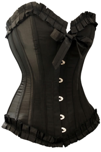 Black Victorian Satin Waist Training Corset With Matching Ruched Ribbon Trim, Front Busk