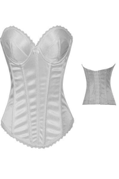 Intimate Satin White Corset With Underwired Cups, Light Lace Trim and Center Bow, Hook-eye Back Closure