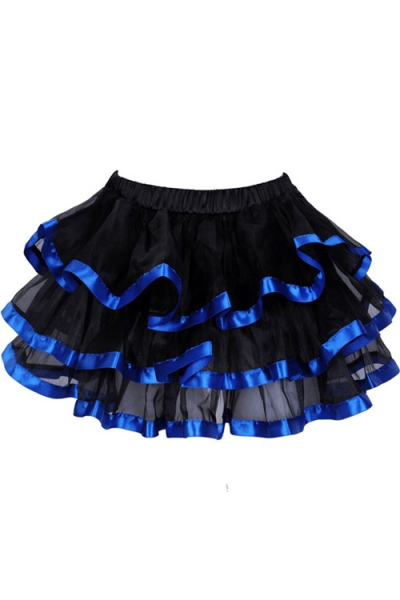 Exquisitely Black Layered Ruffles Light Gauzy Mini Skirt With Glossy Solid Royal Blue Lining