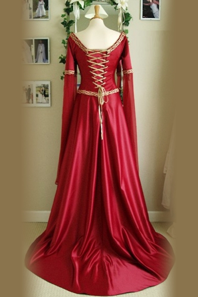 Glossy Luscious Red Rose Long Gown Longsleeve With Golden Crisscrossed Back Accents