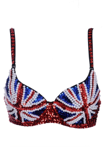 Dazzling Red Blue Accents With White Small Pearls Sequence on a Black Bra Australian Flag Inspired Design