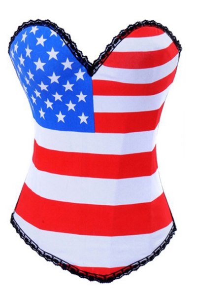 American Flag Printed Corset with Black Trims and Hook and Eye Back Closure