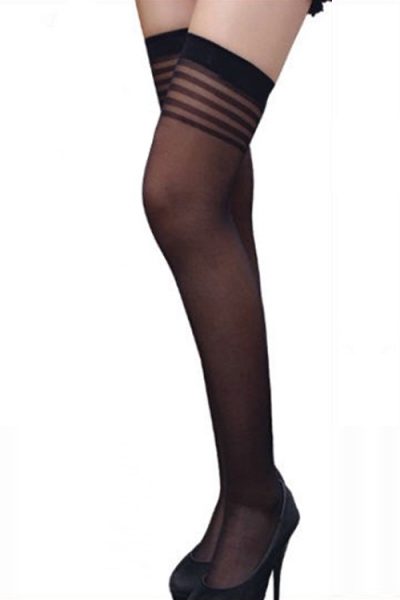 Semi-Sheer Black Thigh-High Stockings With Narrow Welts and Striped Shadow Welts