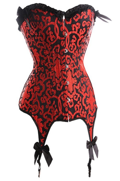 Red Brocade on Black Corset With Black Bows, Top Ruched Ribbon and Garter Hooks, Front Busk