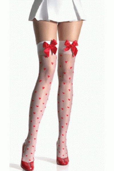 Sheer White Thigh-High Stockings With Little Red Hearts and Welts With Red Satin Bows