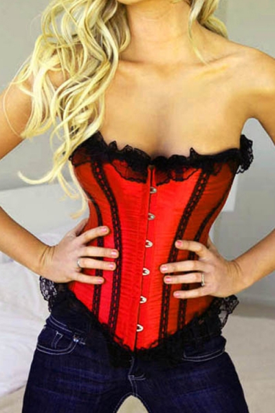 Red Victorian Corset With Generous Black Lace Ruffle Trim and Matching Vertical Strips, Front Busk