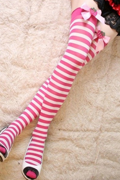 Red Strawberry Thigh-High Stockings, White-Striped, With Pink Welt Bows Featuring Strawberries