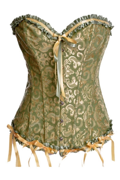 Olive Drab Corset With Gold Brass Brocade Pattern, Olive Green and Peach Ruched Ribbon Trim, Front Busk