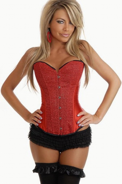 Fiery Red Satin Corset for Clubbing With Shinning Textured Front Panels and Black Trim, Front Busk