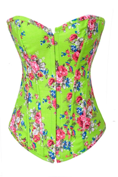 Spring-Time Lime Green Overbust Denim Corset With Retro Rose Flower Pattern, Front Busk