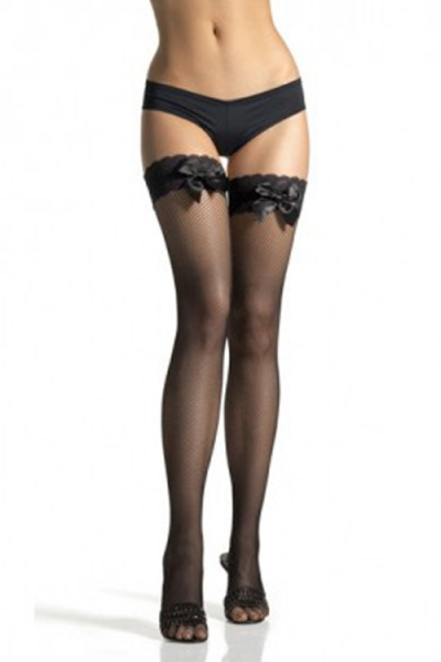 Sheer Black Thigh-High Stockings With Silicon Lacy Welts and Black Satin Bows