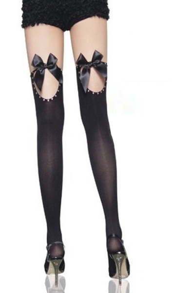 Semi-Sheer Black Thigh-High Stockings With Cut-out Back Welts With Diamante and Satin Bows
