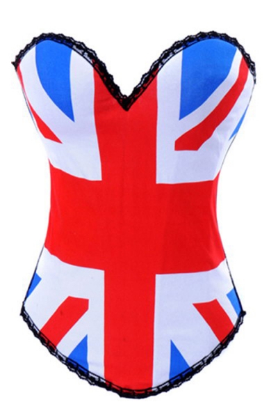 British Flag Printed Corset with Black Trims and Hook and Eye Back Closure