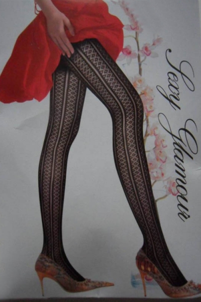 Black Full-Length Fishnet Style Stockings With Black Vertical Stripes and Diamond Print All Over