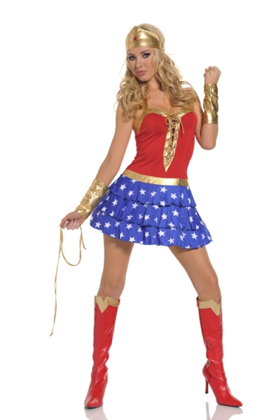 Gorgeous Wonder Woman Inspired Outfit Smooth Red Golden Pleated Criss Cross Edges Halter Top Attractive Ruffled Star Printed Mini Skirt