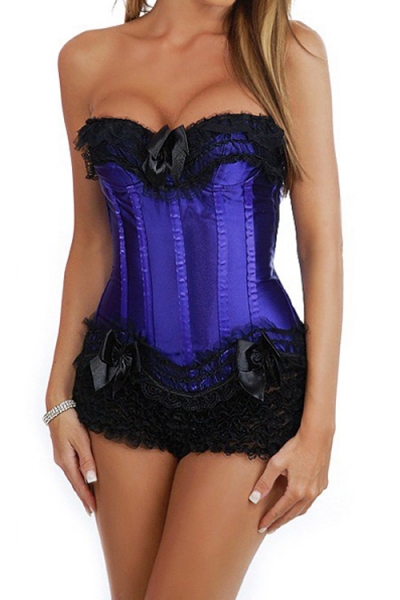 Indigo Satin Corset Top With Black Ruched Lace and Bows at Bust and Bottom
