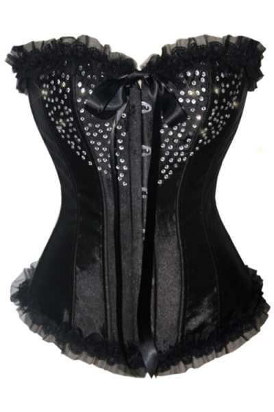 Black Sateen Strapless Corset With Diamante Sprinkle and Ribbon Bow
