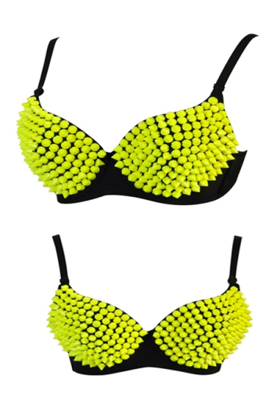 Black Underwire Bra With Luminous Yellow Spike Studded Cups