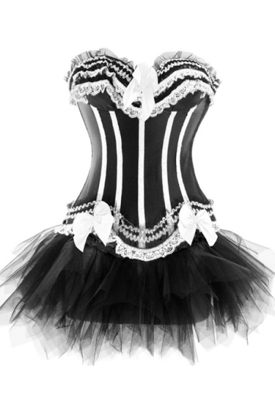 Black Sateen Strapless Corset Dress With White Frill Detailing and Tutu Net Mini Skirt
