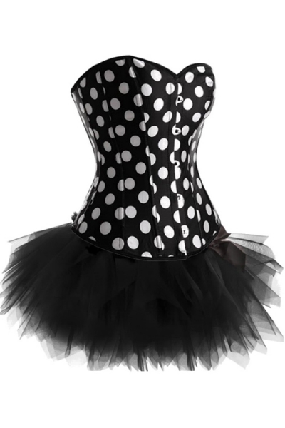 Black and White Dotty Strapless Corset Dress With Tutu Net Mini Skirt