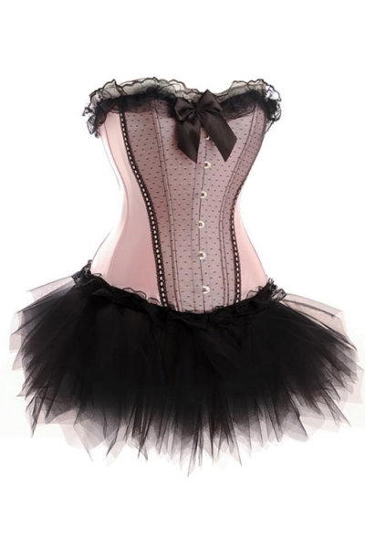Sugar Pink Strapless Corset Dress With Black Overlay Panel and Tutu Net Mini Skirt