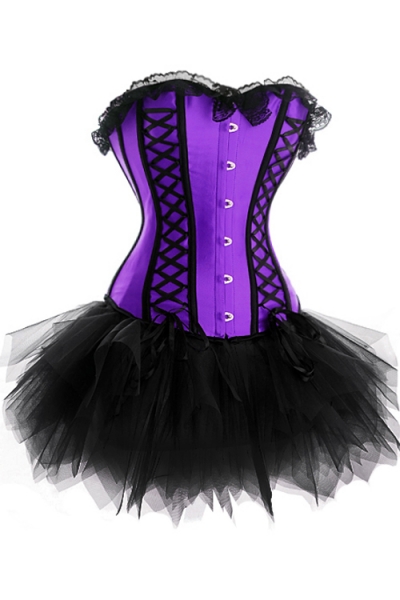 Purple Sateen Strapless Corset Dress With Black Detailing and Tutu Net Mini Skirt