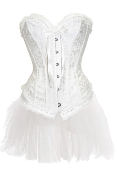 Dainty White Strapless Corset Dress With Petite Gather Trim and Tutu Net Mini Skirt