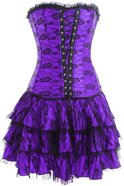 Purple Strapless Corset Dress With Net Overlay and Trio Tiered Skirt