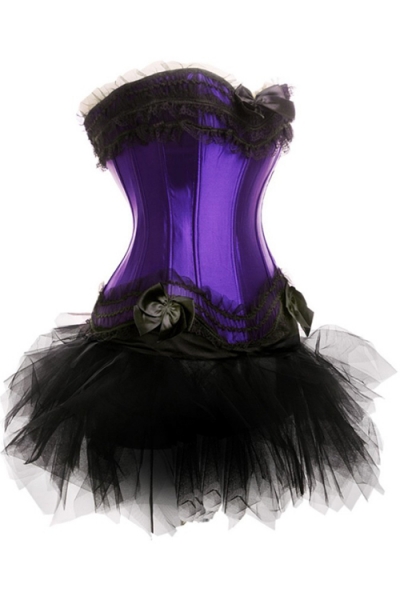 Purple Sateen Strapless Corset Dress With Bow Gathers and Tutu Net Mini Skirt