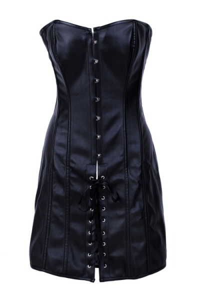 Black Overbust Corset Dress With Leather Style Design and Lace Up Front and Back