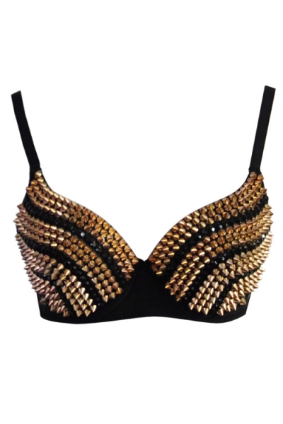 Black Underwire Bra With Gold Spike Accents, Black Bead Detailing and Black Straps