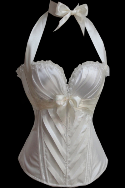White Corset With Gather Fold Middle Detail and Ribbon Neck Tie